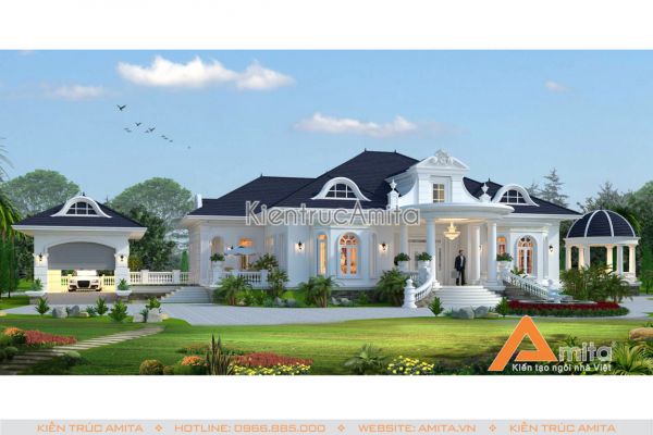 Thiết kế dinh thự tân cổ điển 1 tầng đẹp hoàn mỹ BT12138