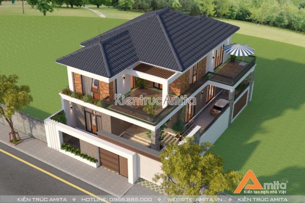 Thiết kế biệt thự 2 tầng đẹp độc đáo (CĐT: Bà Cúc - Vĩnh Phúc) BT21161