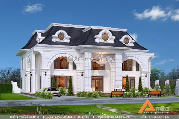 Mẫu nhà biệt thự 2 tầng kiểu Pháp mái Mansard đẹp BT22112