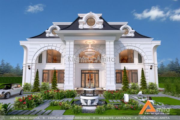 Mẫu nhà biệt thự 2 tầng kiểu Pháp mái Mansard đẹp BT22112