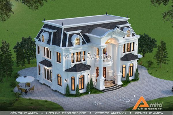 Mẫu biệt thự 2 tầng tân cổ điển mái Mansard đẹp BT22280