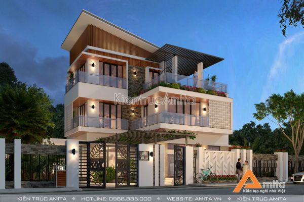 Thiết kế biệt thự 3 tầng hiện đại mái chéo đẹp tại Hải phòng BT31225