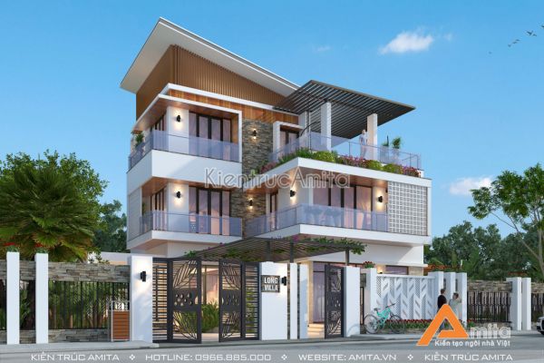 Thiết kế biệt thự 3 tầng hiện đại mái chéo đẹp tại Hải phòng BT31225