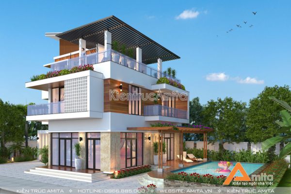 Thiết kế biệt thự 3 tầng hiện đại mái chéo đẹp tại Hải phòng BT31225
