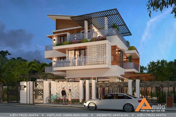 Thiết kế biệt thự 3 tầng hiện đại mái chéo đẹp tại Hải phòng BT31225