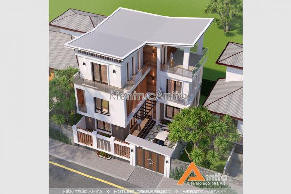Ngất ngây cùng mẫu nhà biệt thự hiện đại 3 tầng mái chéo BT31266