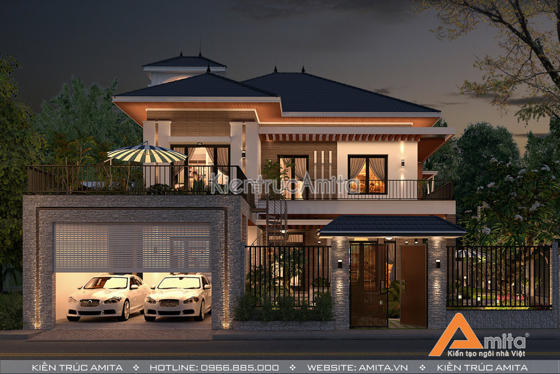 mẫu nhà biệt thự 2 tầng mái thái diện tích 150m2