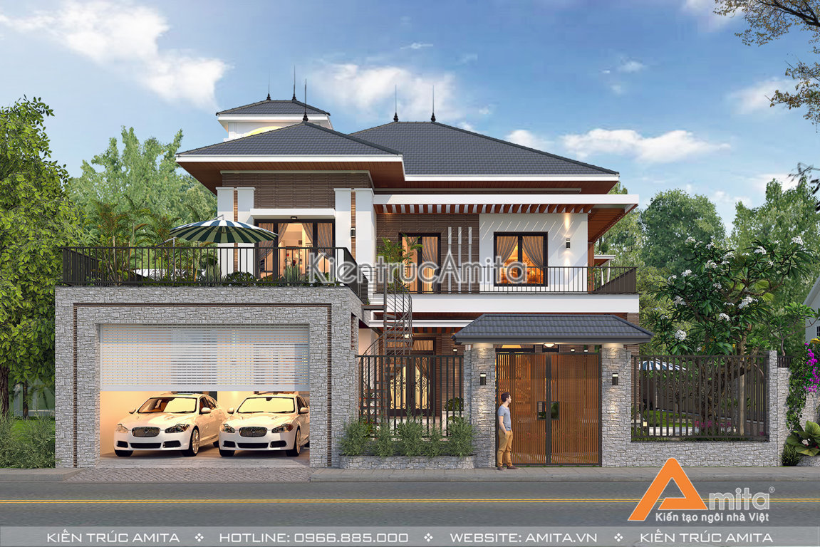 mẫu nhà biệt thự 2 tầng mái thái diện tích 150m2
