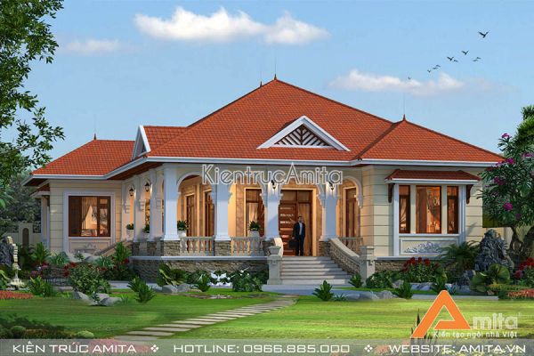 Mẫu biệt thự vườn 1 tầng tân cổ điển kết hợp Á Đông  BT12008