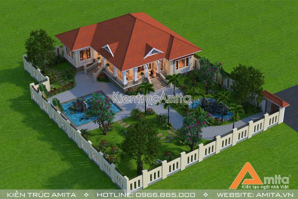 Mẫu biệt thự vườn 1 tầng tân cổ điển kết hợp Á Đông  BT12008