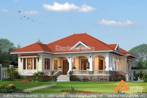 Mẫu biệt thự vườn 1 tầng tân cổ điển kết hợp Á Đông  BT12008