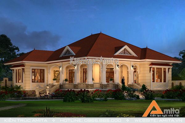Mẫu biệt thự vườn 1 tầng tân cổ điển kết hợp Á Đông  BT12008