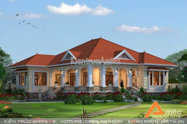 Mẫu biệt thự vườn 1 tầng tân cổ điển kết hợp Á Đông  BT12008