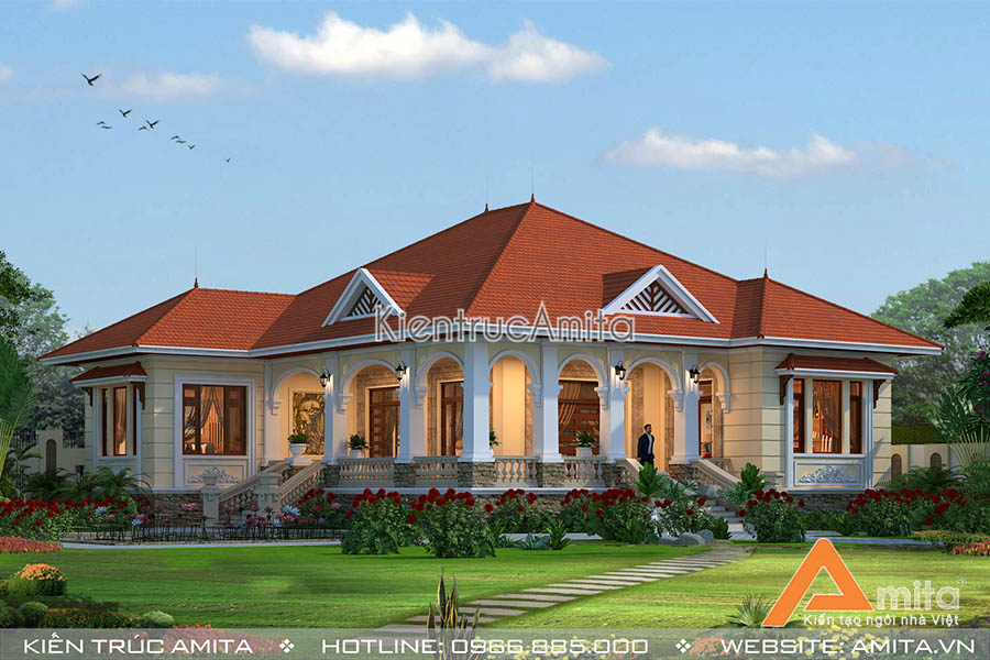 mẫu biệt thự vườn 1 tầng tân cổ điển kết hợp Á Đông